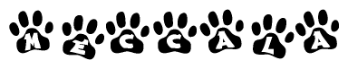 The image shows a series of animal paw prints arranged in a horizontal line. Each paw print contains a letter, and together they spell out the word Meccala.