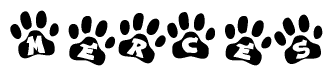 The image shows a series of animal paw prints arranged in a horizontal line. Each paw print contains a letter, and together they spell out the word Merces.