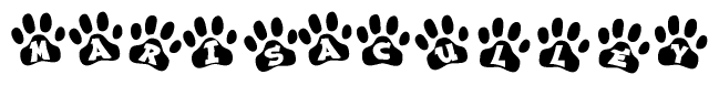 The image shows a series of animal paw prints arranged horizontally. Within each paw print, there's a letter; together they spell Marisaculley