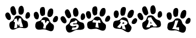 The image shows a series of animal paw prints arranged in a horizontal line. Each paw print contains a letter, and together they spell out the word Mystral.