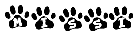 The image shows a series of animal paw prints arranged in a horizontal line. Each paw print contains a letter, and together they spell out the word Missi.