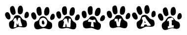 The image shows a row of animal paw prints, each containing a letter. The letters spell out the word Montvai within the paw prints.