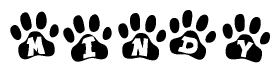 The image shows a series of animal paw prints arranged in a horizontal line. Each paw print contains a letter, and together they spell out the word Mindy.