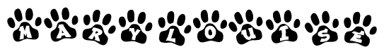 The image shows a row of animal paw prints, each containing a letter. The letters spell out the word Marylouise within the paw prints.