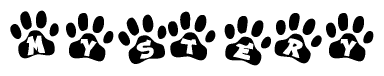 The image shows a series of animal paw prints arranged in a horizontal line. Each paw print contains a letter, and together they spell out the word Mystery.
