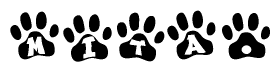 The image shows a series of animal paw prints arranged in a horizontal line. Each paw print contains a letter, and together they spell out the word Mita.