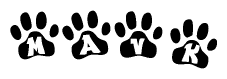The image shows a row of animal paw prints, each containing a letter. The letters spell out the word Mavk within the paw prints.