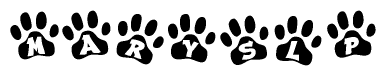 The image shows a series of animal paw prints arranged horizontally. Within each paw print, there's a letter; together they spell Maryslp