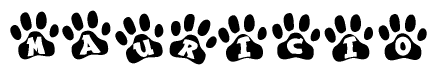 The image shows a row of animal paw prints, each containing a letter. The letters spell out the word Mauricio within the paw prints.