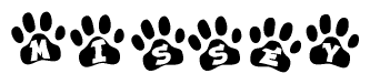 The image shows a series of animal paw prints arranged horizontally. Within each paw print, there's a letter; together they spell Missey