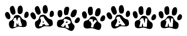 The image shows a series of animal paw prints arranged in a horizontal line. Each paw print contains a letter, and together they spell out the word Maryann.