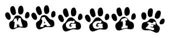 The image shows a series of animal paw prints arranged in a horizontal line. Each paw print contains a letter, and together they spell out the word Maggie.