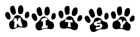 The image shows a row of animal paw prints, each containing a letter. The letters spell out the word Mitsy within the paw prints.