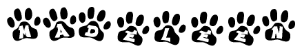The image shows a row of animal paw prints, each containing a letter. The letters spell out the word Madeleen within the paw prints.