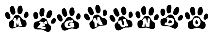 The image shows a series of animal paw prints arranged in a horizontal line. Each paw print contains a letter, and together they spell out the word Megmundo.