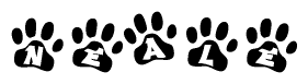 The image shows a row of animal paw prints, each containing a letter. The letters spell out the word Neale within the paw prints.