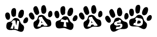 The image shows a row of animal paw prints, each containing a letter. The letters spell out the word Natasd within the paw prints.