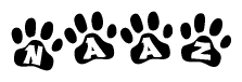 The image shows a row of animal paw prints, each containing a letter. The letters spell out the word Naaz within the paw prints.