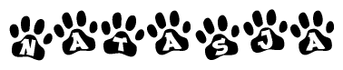 The image shows a series of animal paw prints arranged in a horizontal line. Each paw print contains a letter, and together they spell out the word Natasja.