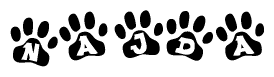 The image shows a series of animal paw prints arranged horizontally. Within each paw print, there's a letter; together they spell Najda