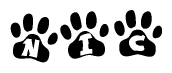 The image shows a series of animal paw prints arranged horizontally. Within each paw print, there's a letter; together they spell Nic
