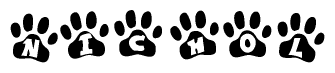 The image shows a row of animal paw prints, each containing a letter. The letters spell out the word Nichol within the paw prints.