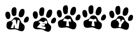 The image shows a row of animal paw prints, each containing a letter. The letters spell out the word Netty within the paw prints.