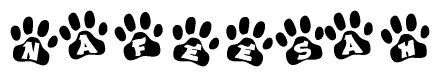 The image shows a series of animal paw prints arranged in a horizontal line. Each paw print contains a letter, and together they spell out the word Nafeesah.
