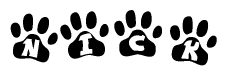 The image shows a series of animal paw prints arranged horizontally. Within each paw print, there's a letter; together they spell Nick