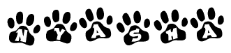 The image shows a series of animal paw prints arranged horizontally. Within each paw print, there's a letter; together they spell Nyasha