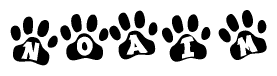 The image shows a series of animal paw prints arranged horizontally. Within each paw print, there's a letter; together they spell Noaim