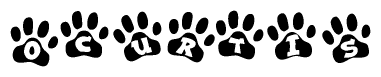 The image shows a series of animal paw prints arranged horizontally. Within each paw print, there's a letter; together they spell Ocurtis