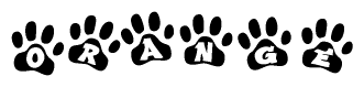 The image shows a series of animal paw prints arranged in a horizontal line. Each paw print contains a letter, and together they spell out the word Orange.