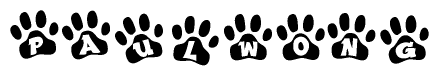 The image shows a series of animal paw prints arranged in a horizontal line. Each paw print contains a letter, and together they spell out the word Paulwong.