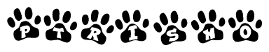 The image shows a series of animal paw prints arranged horizontally. Within each paw print, there's a letter; together they spell Ptrisho