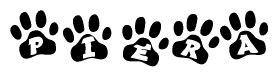 The image shows a row of animal paw prints, each containing a letter. The letters spell out the word Piera within the paw prints.