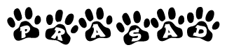 The image shows a row of animal paw prints, each containing a letter. The letters spell out the word Prasad within the paw prints.