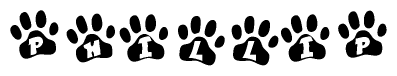 The image shows a row of animal paw prints, each containing a letter. The letters spell out the word Phillip within the paw prints.