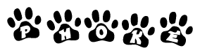 The image shows a series of animal paw prints arranged in a horizontal line. Each paw print contains a letter, and together they spell out the word Phoke.