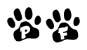 The image shows a row of animal paw prints, each containing a letter. The letters spell out the word Pf within the paw prints.