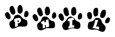 The image shows a row of animal paw prints, each containing a letter. The letters spell out the word Phil within the paw prints.