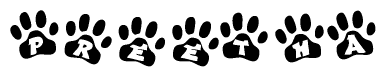 The image shows a series of animal paw prints arranged horizontally. Within each paw print, there's a letter; together they spell Preetha