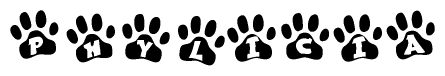 The image shows a series of animal paw prints arranged in a horizontal line. Each paw print contains a letter, and together they spell out the word Phylicia.