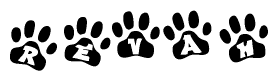 The image shows a series of animal paw prints arranged in a horizontal line. Each paw print contains a letter, and together they spell out the word Revah.