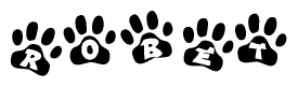 The image shows a series of animal paw prints arranged in a horizontal line. Each paw print contains a letter, and together they spell out the word Robet.