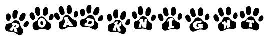 The image shows a series of animal paw prints arranged horizontally. Within each paw print, there's a letter; together they spell Roadknight