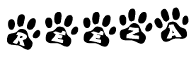 The image shows a series of animal paw prints arranged in a horizontal line. Each paw print contains a letter, and together they spell out the word Reeza.