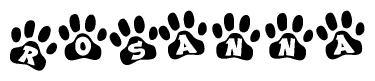 The image shows a series of animal paw prints arranged horizontally. Within each paw print, there's a letter; together they spell Rosanna