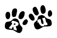 The image shows a row of animal paw prints, each containing a letter. The letters spell out the word Ru within the paw prints.