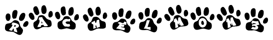 The image shows a row of animal paw prints, each containing a letter. The letters spell out the word Rachelmom3 within the paw prints.